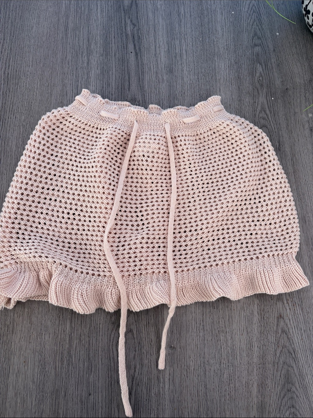 Beige Knit Crochet Mini Skirt with Drawstring